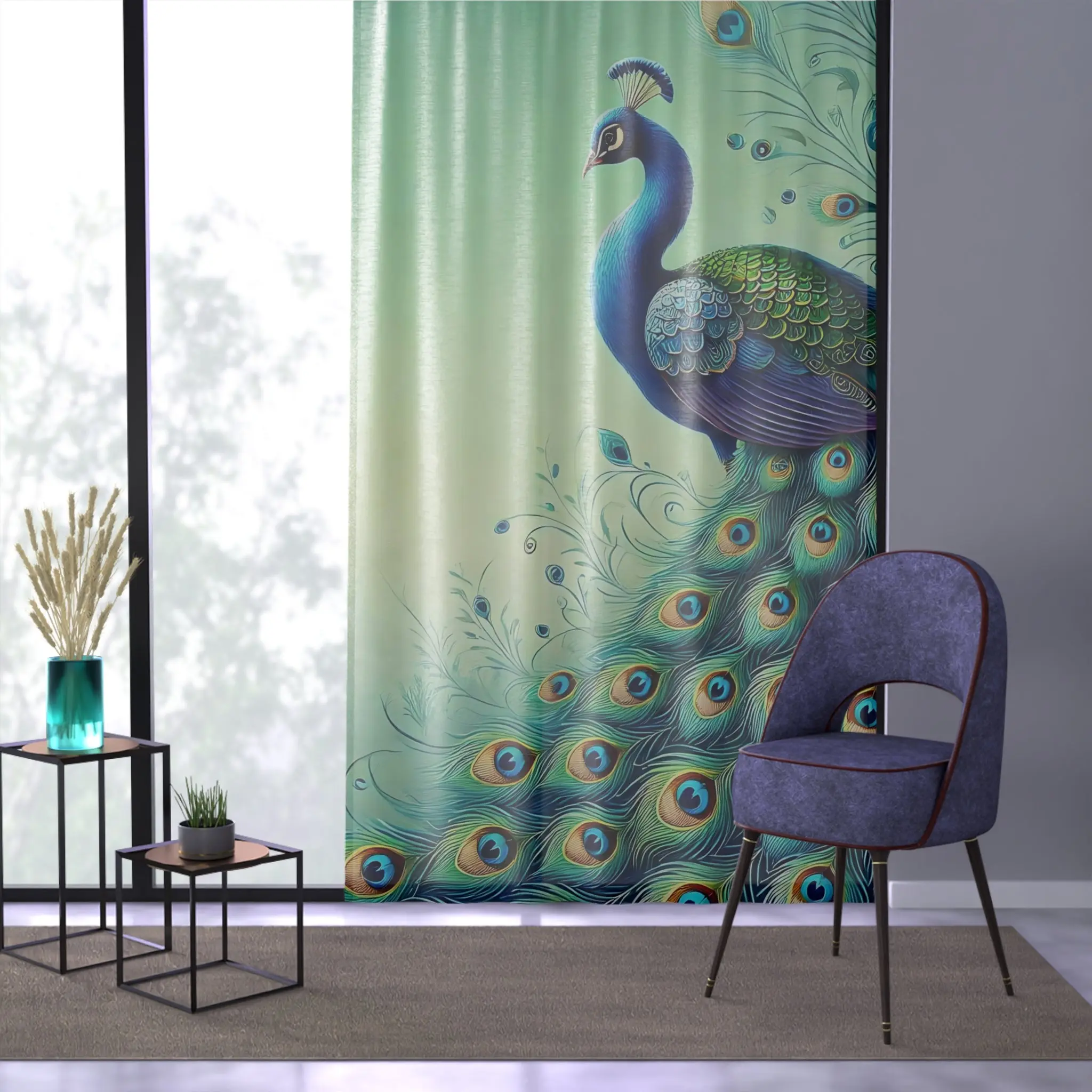 Chinoiserie Elegant Green Peacock Eye Feathers Modern Sheer Curtain Panel