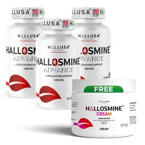 HALLUSA NATURAL HALLOSMINE ADVANCE 1000 mg Blood Flow Supplements, Circulation Support Dietary Supplement - 180 Capsules, FREE Leg Relief Vein Cream, Fitness Antioxidant, Essential Aminos