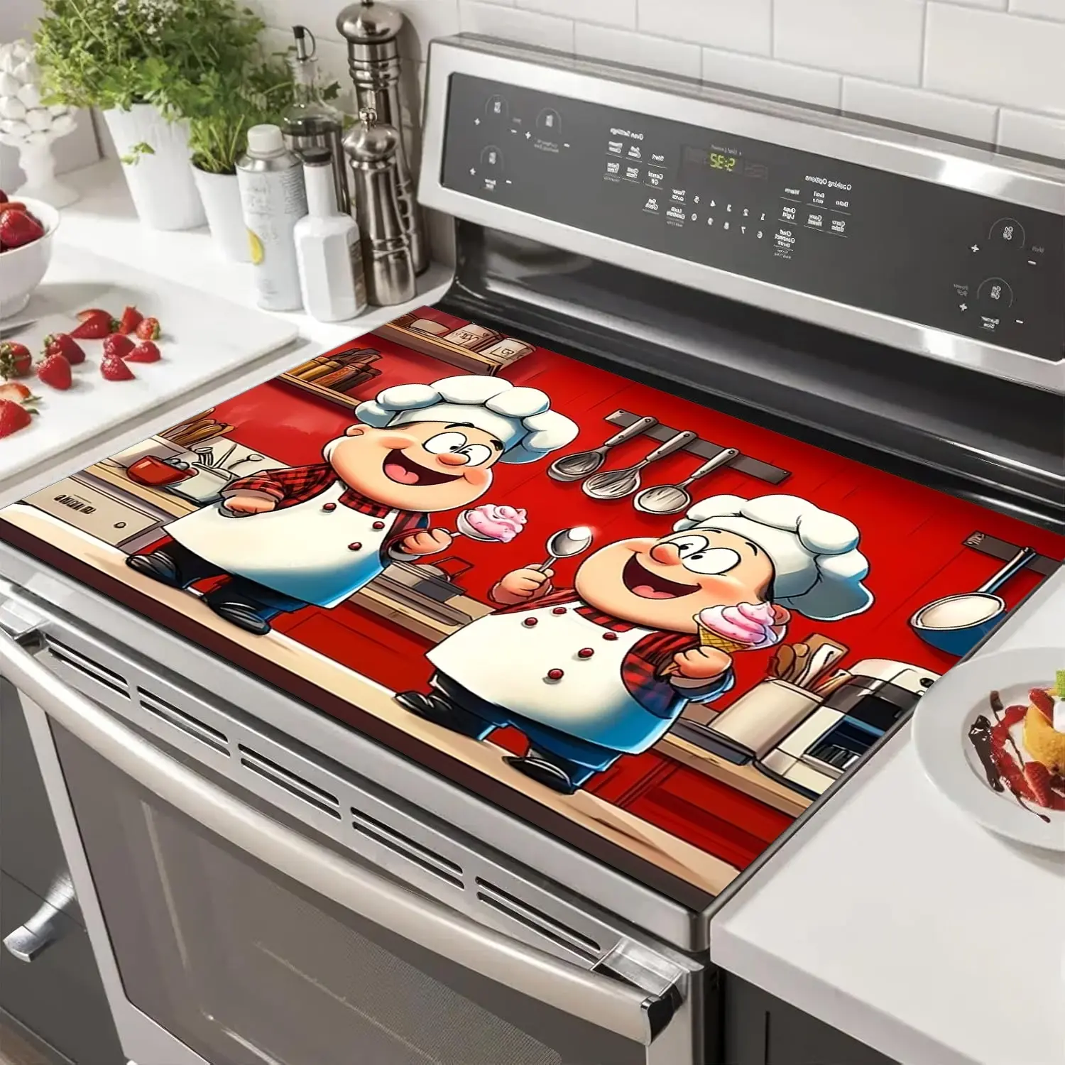 Happy Chef Design Non-Slip Rubber Oven Mat, Stove Panel Protector, Home Kitchen Decoration, Easy Clean, Multi-Purpose Stove Cover, Kitchenware