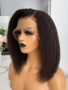 Yaki Women Long 16Inch Bob Kinky Straight Synthetic Fiber Wig, Gradient Hair Color Design, Lace Front Daily Wear, All-Season Use, Kinky Style, Kinky Straight Wigs, Lace Frontal Wigs, Synthetic Material Wigs