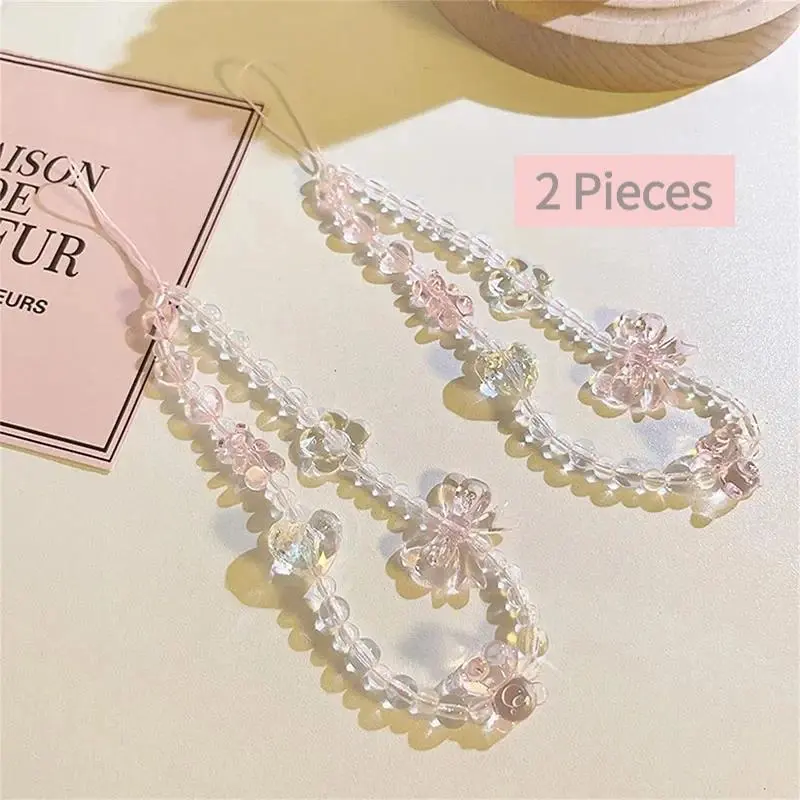 2 Pieces Charm Lanyard For iPhone Hanging Rope Girl Jewelry Decoration Korean Cute Y2K Pink Bow Bear Heart Beaded Phone Chain