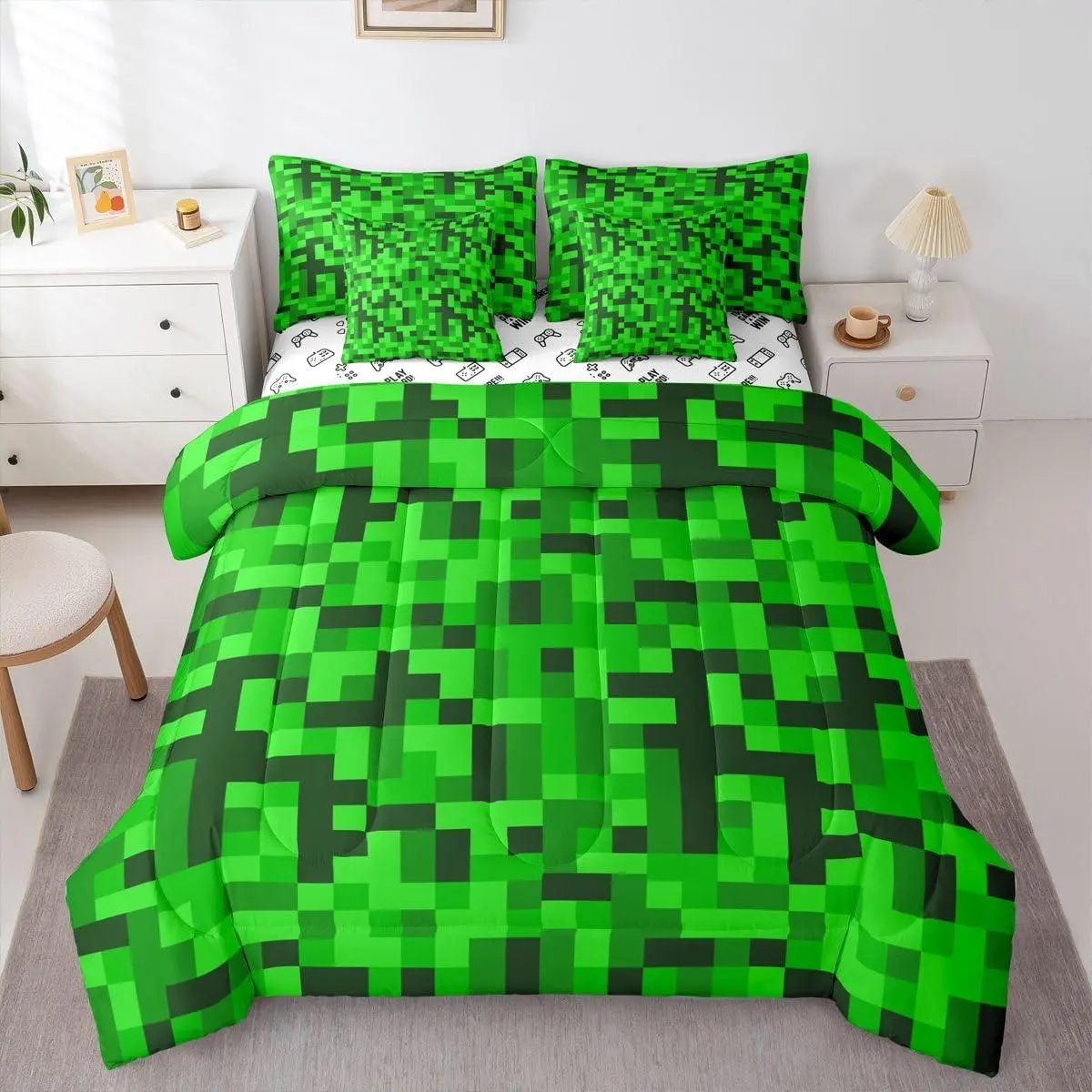 Feelyou 7-Piece Breathable Microfibre Bedding Set Collections - Multi-Size Queen/King, Black Green Pixel Plaid Camo Print Comforter, Soft Blanket, Sheets, Gaming Abstract Grids Design, Machine Washable, for Kids Boys, Housewarming Gift