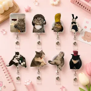 Hilarious Meme Cat Badge Reel, 2D Acrylic ID Card Holder, Decorative Retractable Badge Clip for Nurses, Professionals & Daily Use