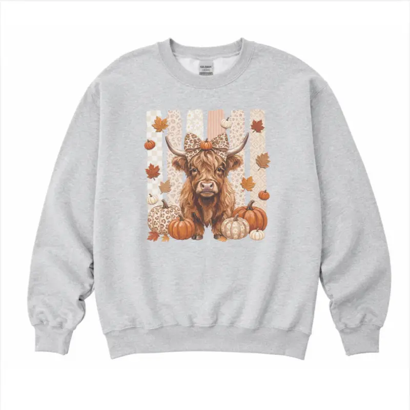 Highland Cow Fall Stripes Sweatshirt - Ash Grey - Sublimation - Spooky - Unisex Jersey Sweatshirt Casual Menswear