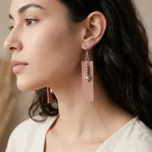 Elegant Rose Gold Earrings with Pink Rectangle Pendant and Delicate Bead Detailing for Women's Jewelry