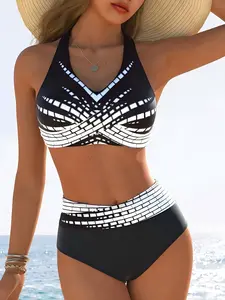 Women's High Waist Geometric Bikini Set, Wireless Bra, Printed Design with Criss Cross Detail, High Stretch Fitted Style Fit, Flexible Sports Wear, Two-Piece Swimsuit