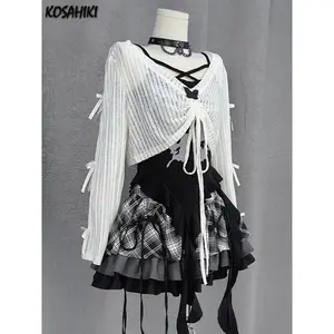 Y2k Aesthetic 3 Piece Sets Sun Protection Drawstring Crop T-shirt + Irregular Print Vest + Plaid Patchwork Skirts ​Outfits Suit