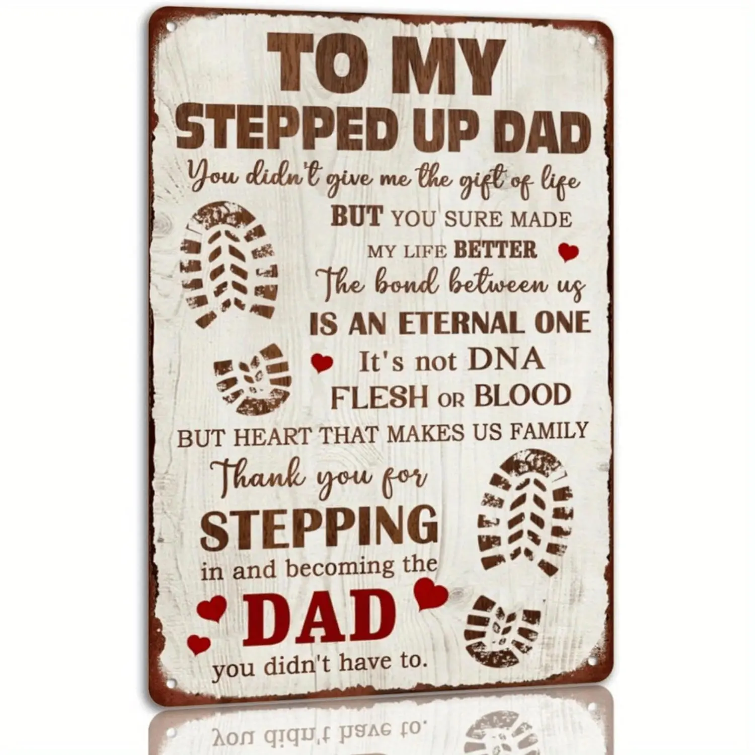 "To My Stepped Up Dad" Metal Tin Decorative Sign - Father's Day Gift with Heartfelt Humorous Slogan, Rustic Brown & White Vintage Decorative Message Prints, Pre-Drilled Holes for Easy Indoor/Outdoor Hanging, Father-Themed Graphic Wall Sign Prints, Father'