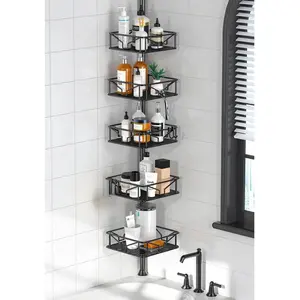Skycarper 5 Tier Adjustable Corner Shower Caddy Organizer with Hooks Rustproof Tension Pole 62-116 Inch Black Height Adjustable for Taller Shower Gels