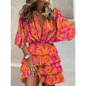 Good Vibrant Tropical Print V-Neck Dress for Women - Elegant Batwing Sleeve, Ruffled Hem, Lightweight Polyester Summer Dress with Belt Detail, Resort Attire|Bohemian Style Dress|Glossy Fabric