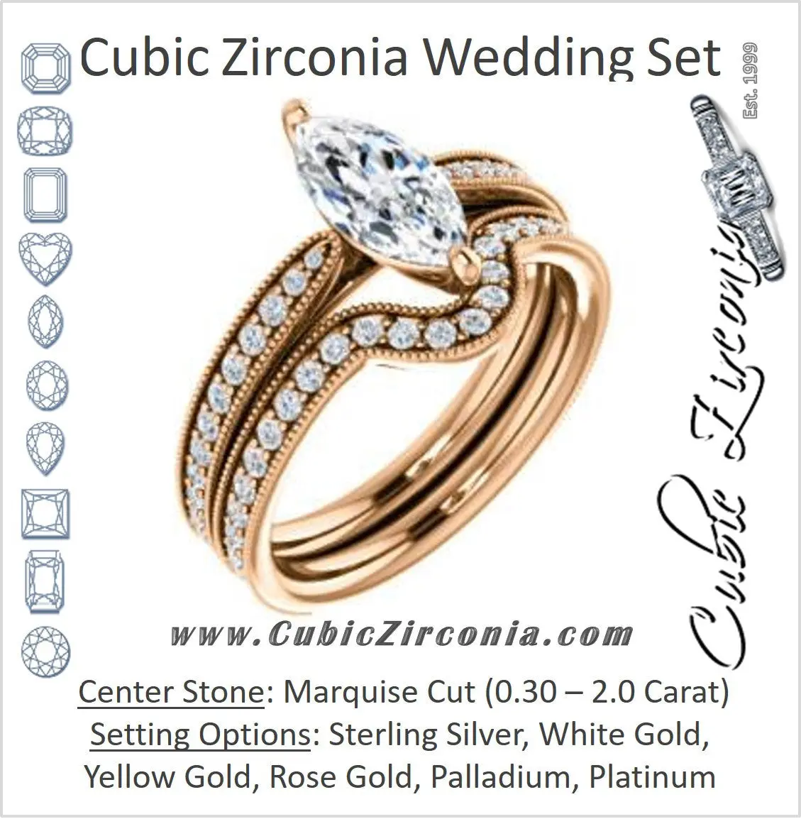 CZ Wedding Set, featuring The Brooklynn engagement ring (Customizable Marquise Cut with Cathedral Setting and Milgrained Pavé Band)
