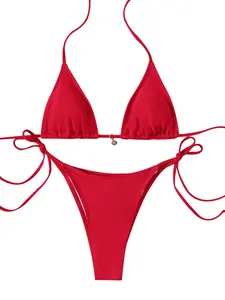 Women's Solid Tie Side Bikini Set, Casual Fashion Chic Swimsuit Set for Beach Holiday Vacation, Ladies Swimwear for All Seasons, Plain Bikini Set