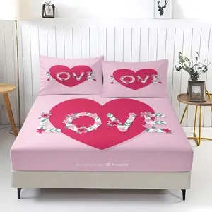 3 Pcs Love Theme Bed Set, Soft, Anti-Allergy, Breathable, Wrinkle-Resistant, Fade & Shrink-Proof, No Filler