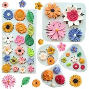 5Pcs Flower Silicone Molds Daisy Rose Sunflower Leaf Chocolate Fondant Molds for Cake Cupcake Decorating Resin Polymer Clay Soap Ice Cube Baking