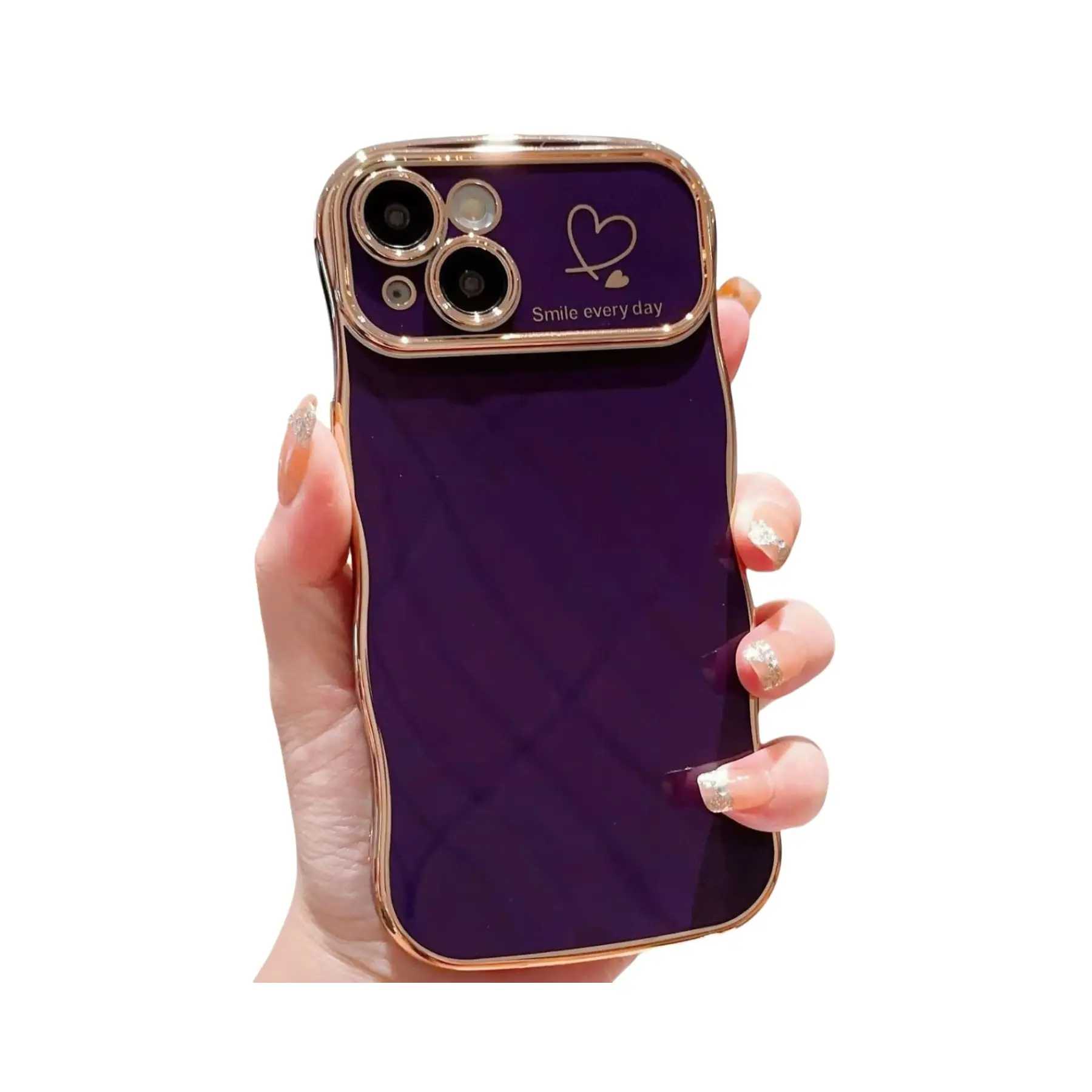 for iPhone 11 to 17 Pro Mx Case for Women Girls, Cute Wave Frame Curly Shape with Love Heart Pattern Raised Camera Protection Cover Luxury Plating Sho