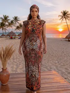 Women's Leopard Print Set, Casual Slim Fit Long Dress & Scarf, Beach Sun Protection Shawl, All Seasons Fashion