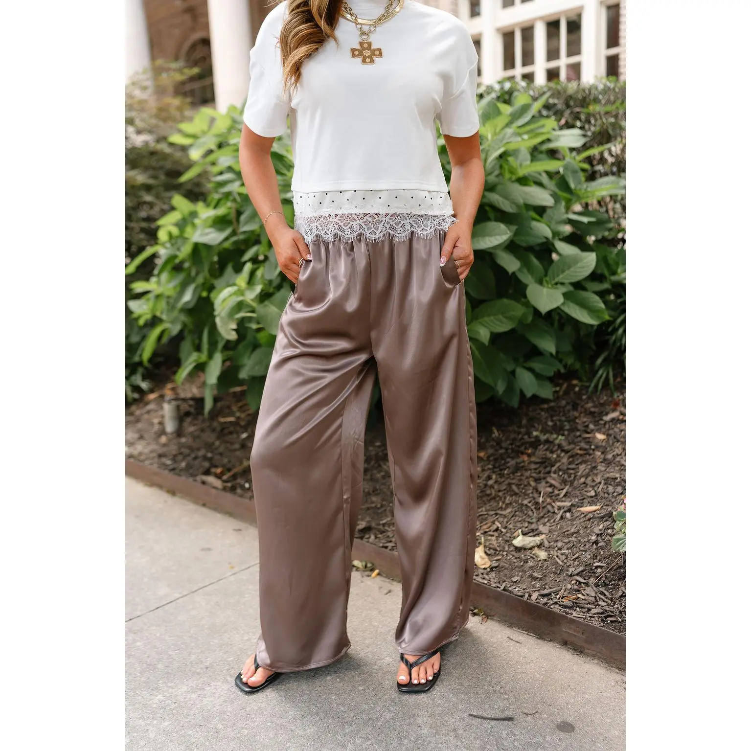 Arabelle Taupe Satin Wide Leg Pants