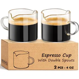 2 Pack 4 Oz Espresso Cups with Handle Double Spout Clear Glass Coffee Accessories for Coffee Desserts Salad Dressing Milk