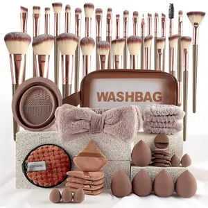 Full Makeup Brush Set Warm Coffee Style, Beauty Sponge Hair Accessories & Storage Bag, Cover Foundation Eyeshadow Detail Blending