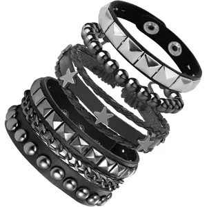 4 count Leather Studded Bracelets for Women, Mens Spiked Punk Rock Grunge Cuff Wristbands Emo Accessories Set for 80s 90s Outfits