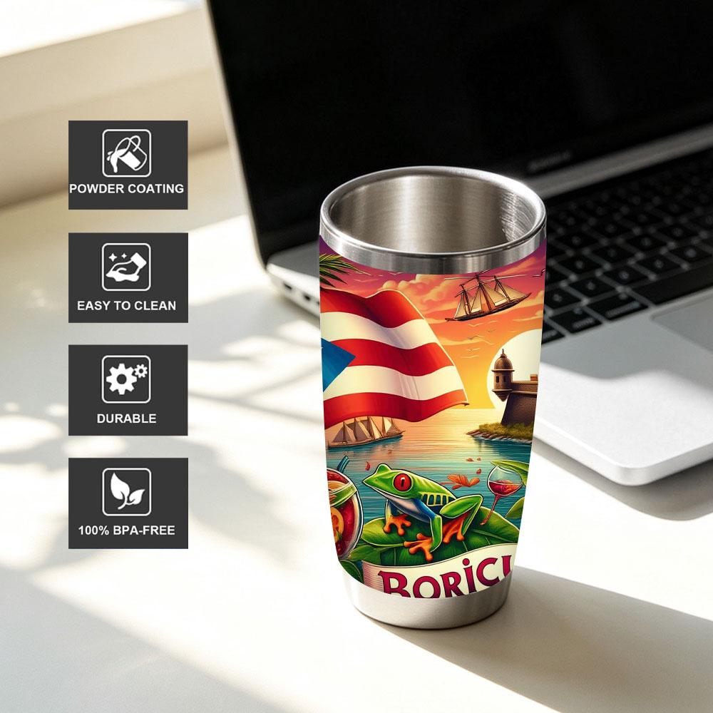 Puerto Rico Boricua Tumbler, Tropical Paradise with Flag, Coqui Frog, Rum Punch, El Morro, Hibiscus, 12/18/20oz Stainless Steel Insulated Cup, Keeps Cold/Hot for Hours, Ideal Gift for Puerto Rican Lovers