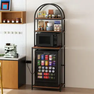 Mini Fridge Stand, 4-Tier Mini Fridge and Microwave Storage Cabinet with Outlet and Wheels, Stable Durable Metal Frame Bakers Rack for Home Office Dorm Kitchen