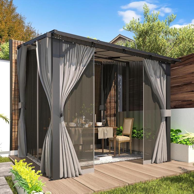 AECOJOY Gazebo for Patio, Small Wall-Mounted Lean to Pergola 8x8 Gazebo with Curtains and Netting, Hard Top Gazebo on Clearance for Lawn Backyard Garden Deck