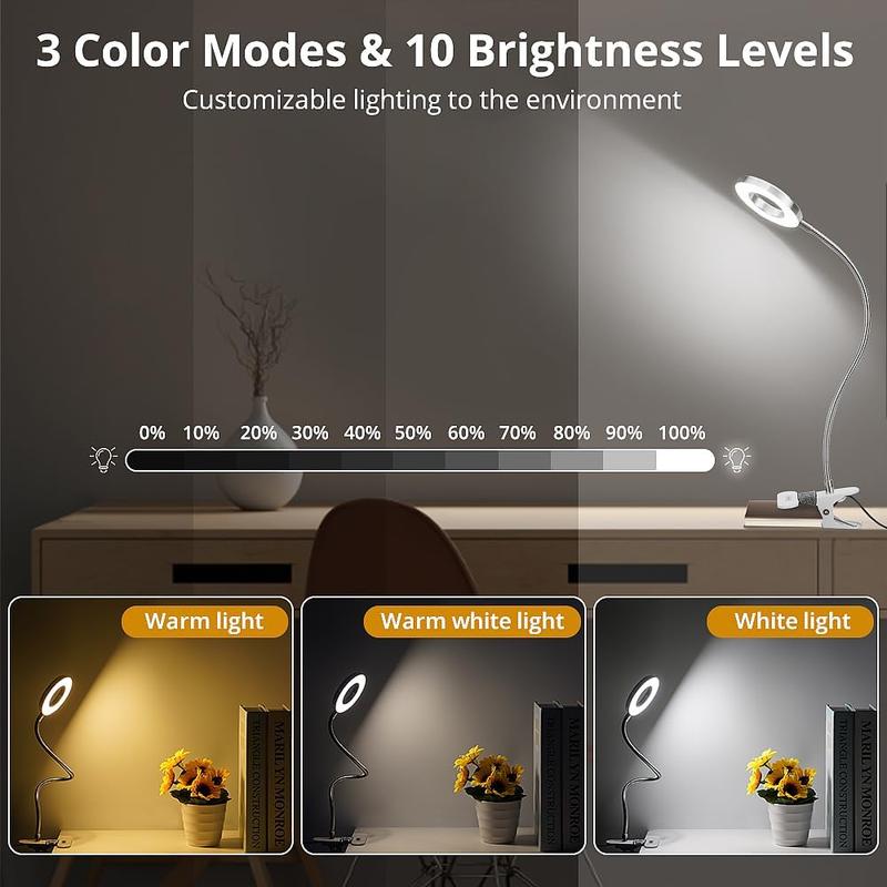Clip on Light Reading Lights, 48 LED USB Book Light with 3 Color Modes, 10 Brightness Dimmer & 360° Flexible Gooseneck Bed Night Light, Eyelash Lamp for Makeup, Nail Art, Tattoo, Manicure