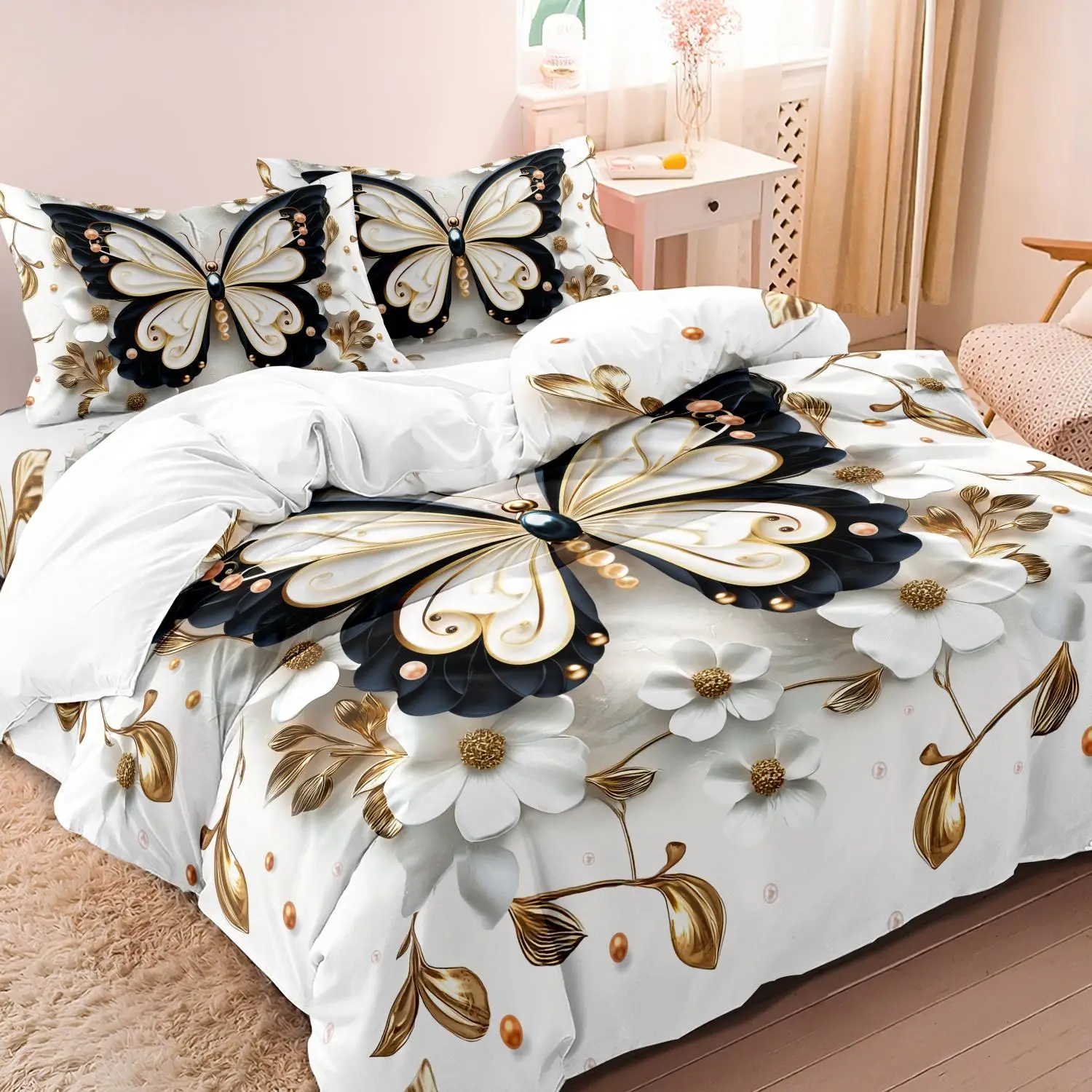 Butterfly & Flower Bow Print Bedding Set, Including 1 Duvet Cover & 2 Pillowcases without Filler, Bedding Supplies for Home Bedroom Hotel