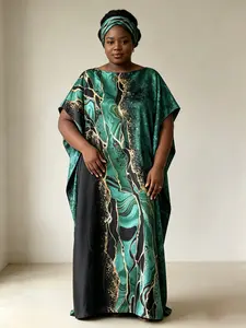 Luxury Emerald Marble Print Kaftan Set, Elegant Beach & Vacation, Plus Size Friendly, Stylish Summer Wear for Women