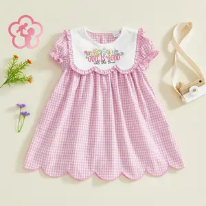 (60% Cotton) GCB Kids Baby Girl Easter Dress God is Good Short Sleeve Sailor Collar Floral Letter Embroidery A-Line Dress Toddler Dress 1-6 Yearsmbroidery A-Line Dress Toddler Casual Dress