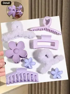 8-piece purple hair clip set, multi-style square, keel, cross, plush cross, flower-shaped hair clip set, lavender purple autumn and winter hair accessories combination, ladies dating shopping daily sweet gentle all-match headdress, Flower Hair Clips