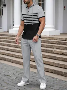 Men's Two-Piece Matching Set, Christmas Gift, Friday, Spring Summer Clothing, Waffle Texture, High Waist Pants, Casual Wear