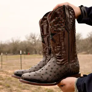 Men’s Chocolate Brown Ostrich Leather print Boots - Square Toe