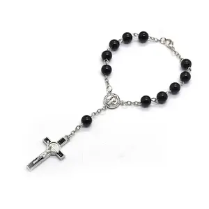 Rosary Bracelet Black Glass Beads for Cross Confirmation Bap