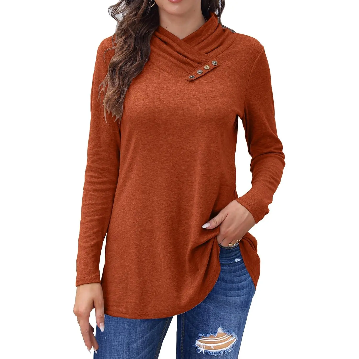 Women's Plain Cowl Neck Pullover Tunic Top - Dressy Lightweight Long Sleeve Shirt for Fall Sports & Outdoor Activities, Shirts, Long Sleeves