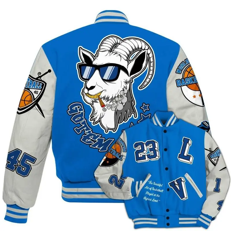 Dunkare Blueberry 12s Varsity Jacket, The GOAT Got Em Streetwear All Over Print Letterman Jackets, Unisex Varsity Baseball Jacket, Casual Sport Streetwear Coat