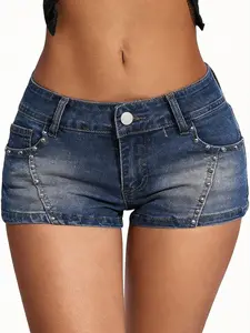 Vintage Wash Low Waist Tight Fit Elastic Denim Super Short Pants, Stylish Casual Wear for Women, Perfect for Everyday