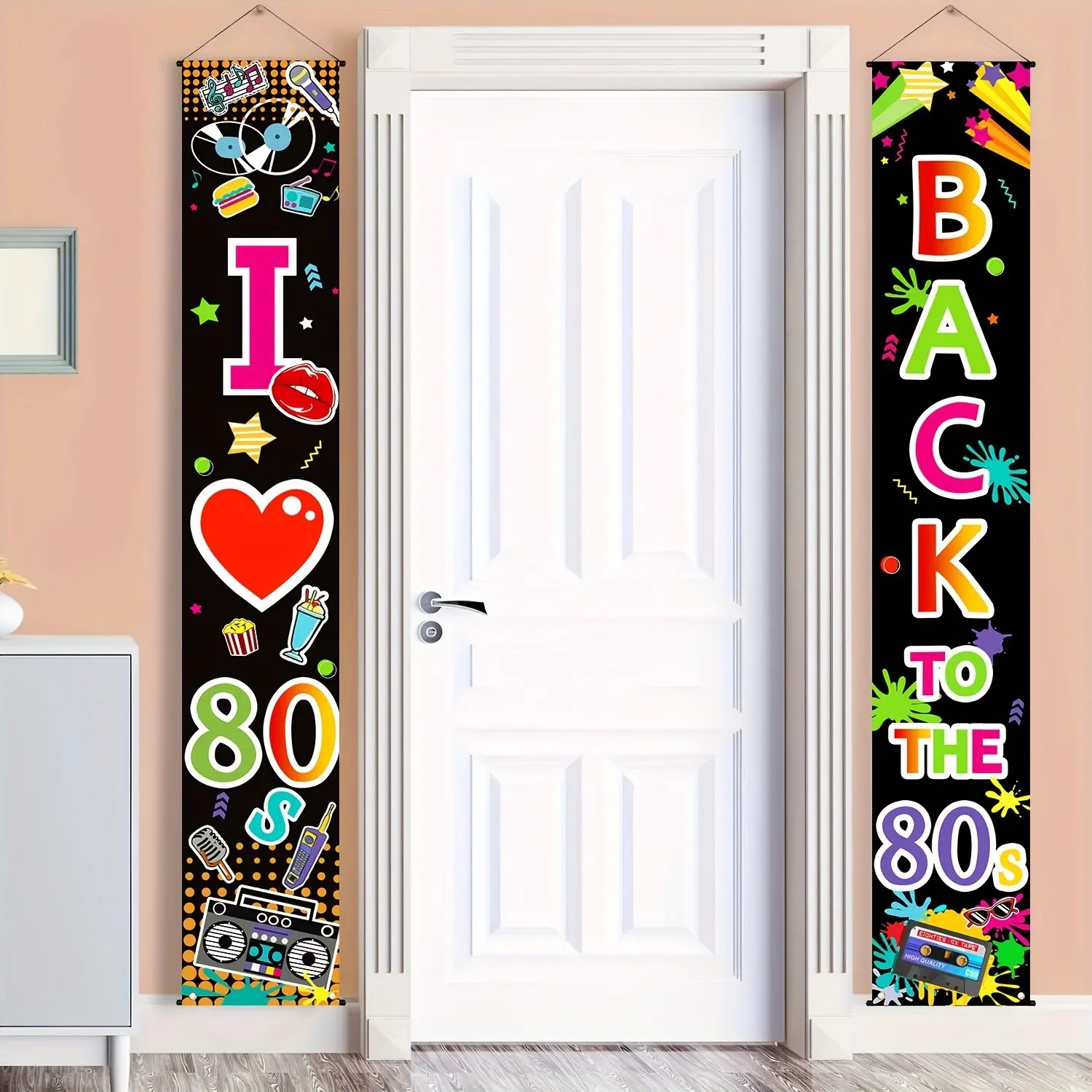 80s Party Decorations Set, 2 Pieces 1980s Theme Birthday Polyester Backdrop Banner Background, I Love 80s Door Sign, Retro Party Supplies