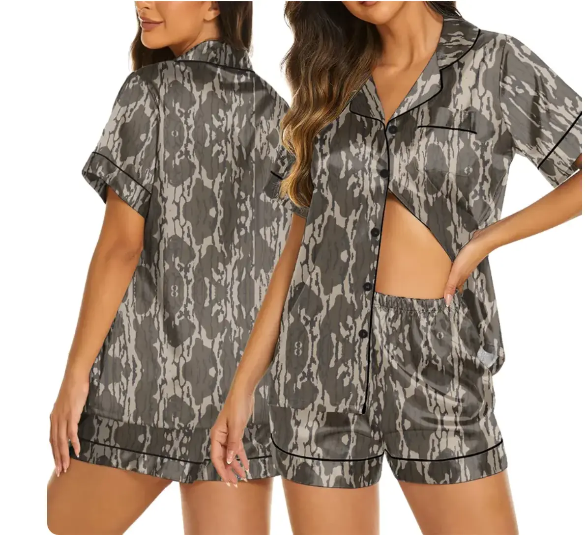 [Youth & Adult] Bundle Duck Camo Hunting Satin Pajama Short and Long Set for Women and Kids, Vintage Camo Satin Premium Sleepwear Loungewear, Camo Gift for Her, Casual Womenswear