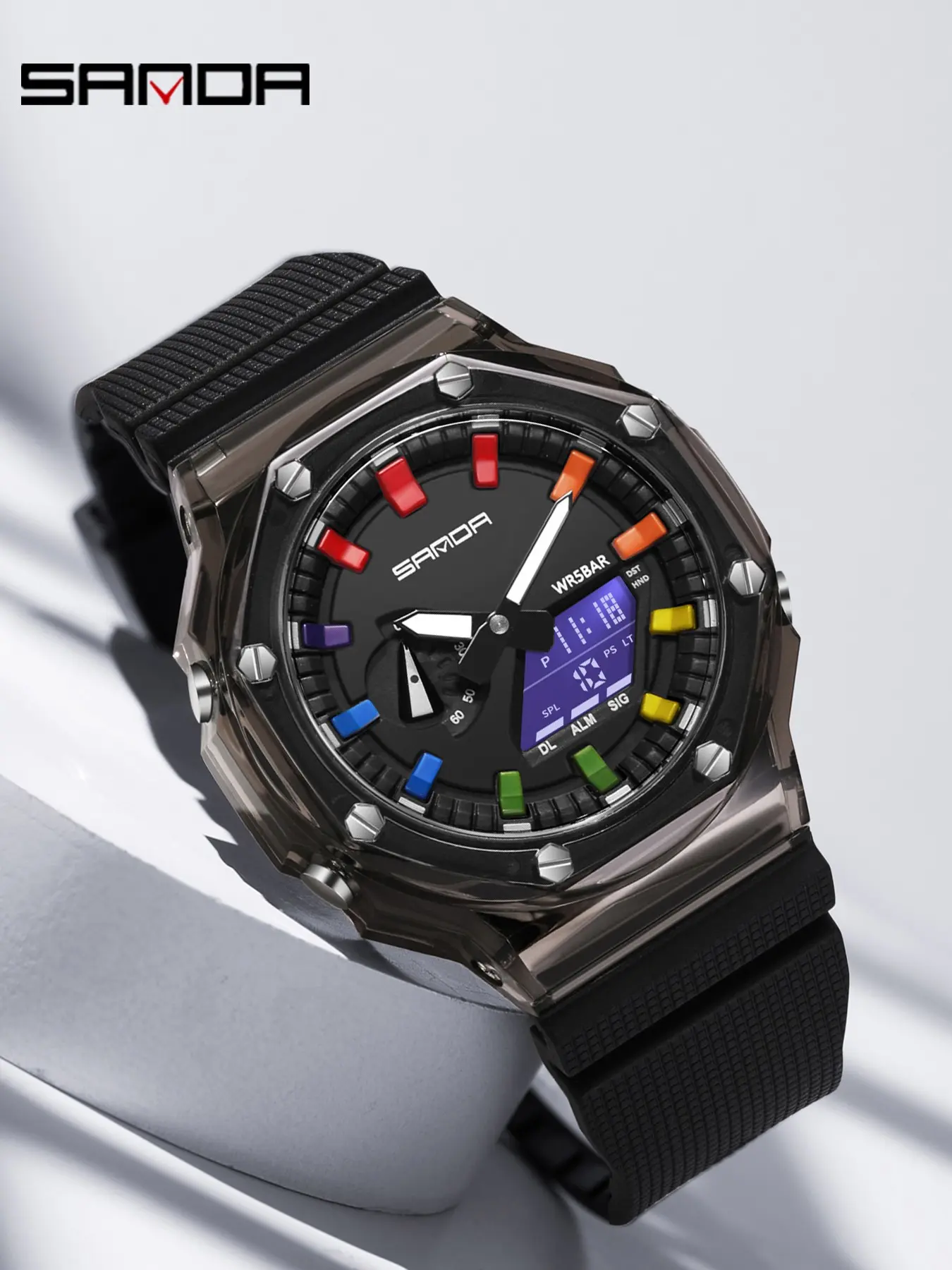 Sanda Men's Square Dual Display High Quality Watch, Silicone Strap, Luminous Analog Watch, Fashion Multifunctional Chronograph, Waterproof, Luminous, Ideal Birthday Gift