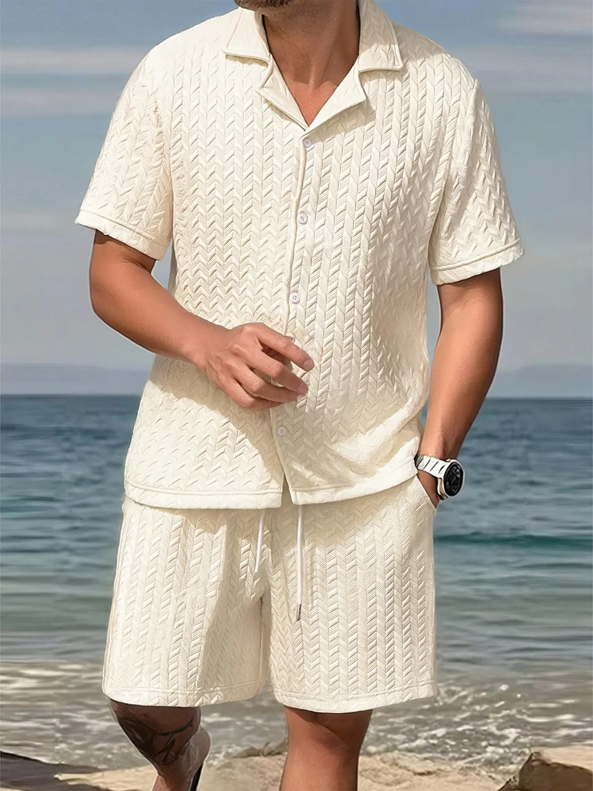 Men’s 2-Piece Menswear Set - Cream Textured Cuban Collar Short-Sleeve Button-Up Shirt & Matching Shorts, Chevron Knit Lightweight Breathable Fabric, Ideal for Beach Vacations & Casual Outings, Shortsleeve