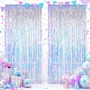 2-Pack Iridescent Foil Fringe Curtains, 3.3 x 6.6ft Holographic Tinsel Backdrop for Birthday Decorations, Mermaid, Unicorn Theme Party, Photo Booth Props, Wedding, Baby Shower, Bachelorette Party