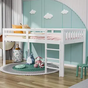JOYMOR Twin Loft Bed Low Loft Bed Frame for Little Kids Small Room/Low Ceiling Bedrrom with Guardrail and Ladder, White