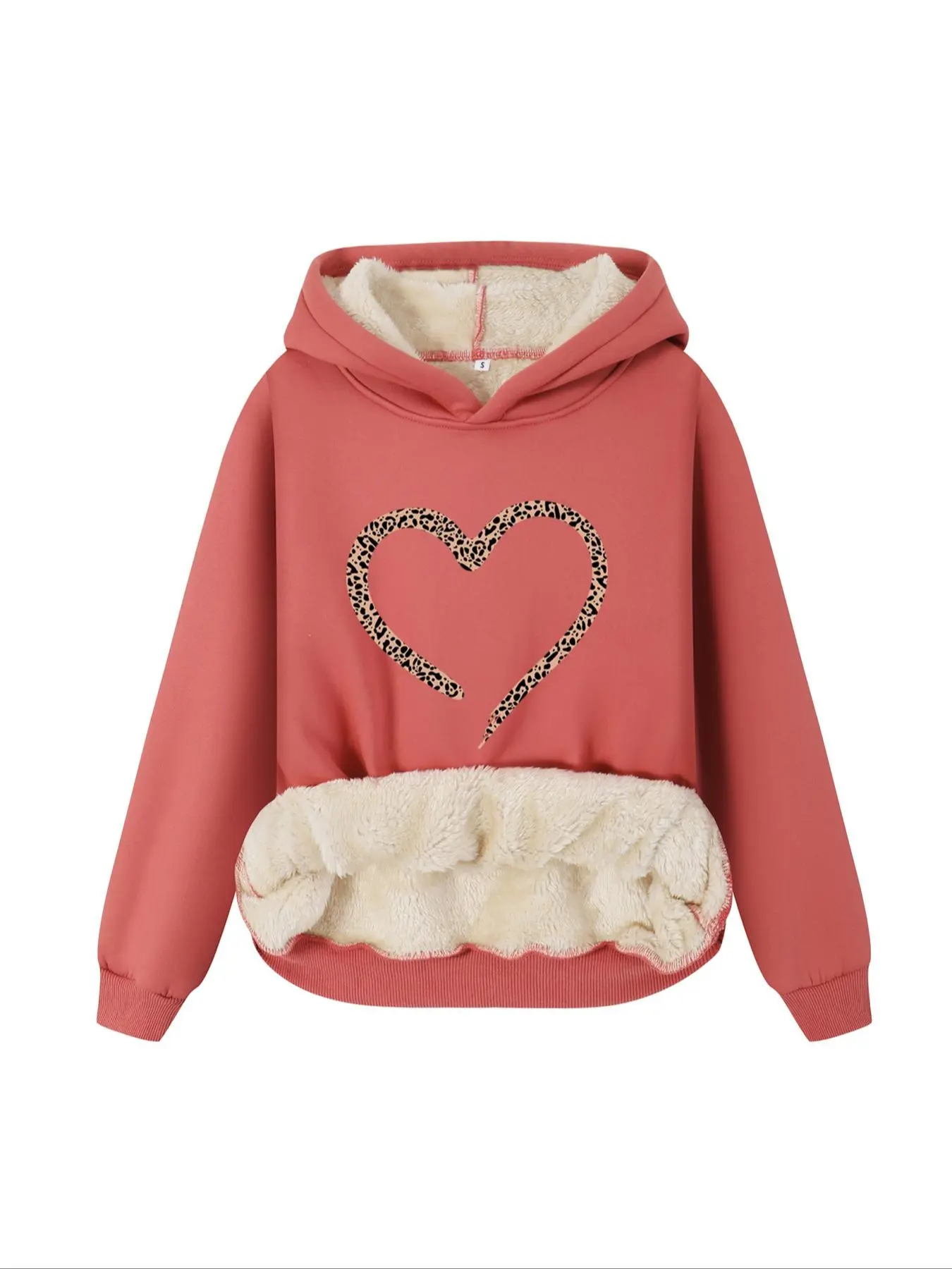 Women's Leopard Liner Heart Print Plush Lined Soft Fitted Hoodie, Fashion Hoodies, Casual Long Sleeve Hooded Pullover Sweatshirt for Fall & Winter, Ladies Clothes for Daily Wear