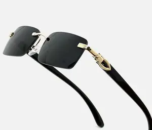 Mens Classy Style Wood Buff Retro 90s Hip Hop Rapper Gangster Rimless Sunglasses Vintage Gold Frame Clear Lens UV400 Protection Unisex