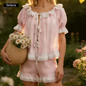 Pink Gingham Pajama Set : Puff Sleeve Lace Trim Tie Front Sleepwear & Ruffle Shorts, 2 Piece Outfit For Women