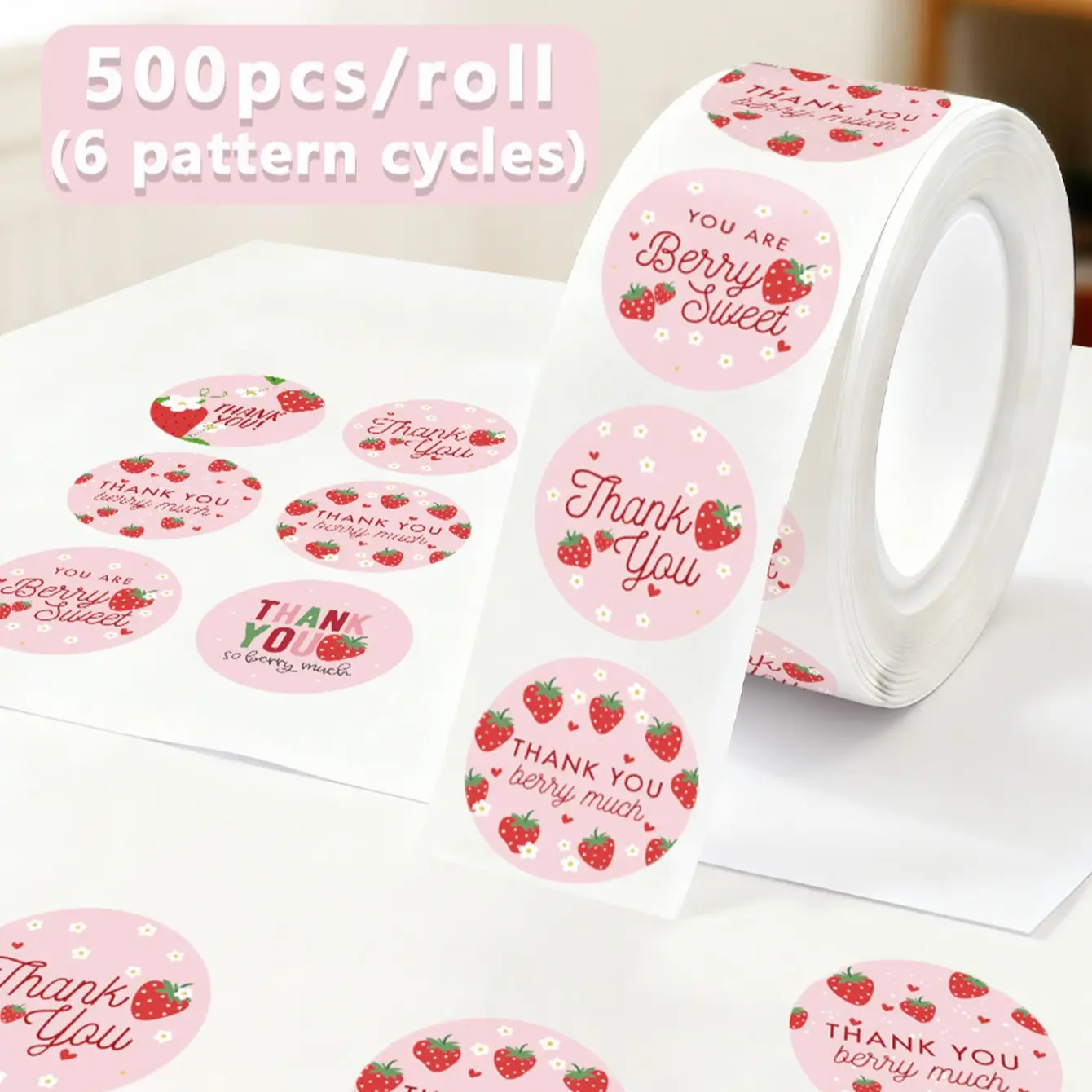 500 Strawberry Thank You Stickers Per Roll, Sticker Rolls, Round Self-Adhesive Graffiti Stickers, Bakery Gift Packaging Decorative Waterproof Labels, Sticky Labels, Floral Pattern Sticker