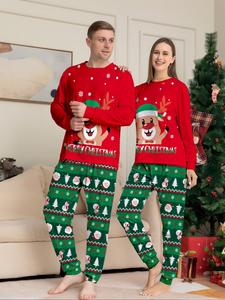christmas couple pajamas set, reindeer print sleepwear for fall & winter, casual fitted home clothes, comfortable daily wear