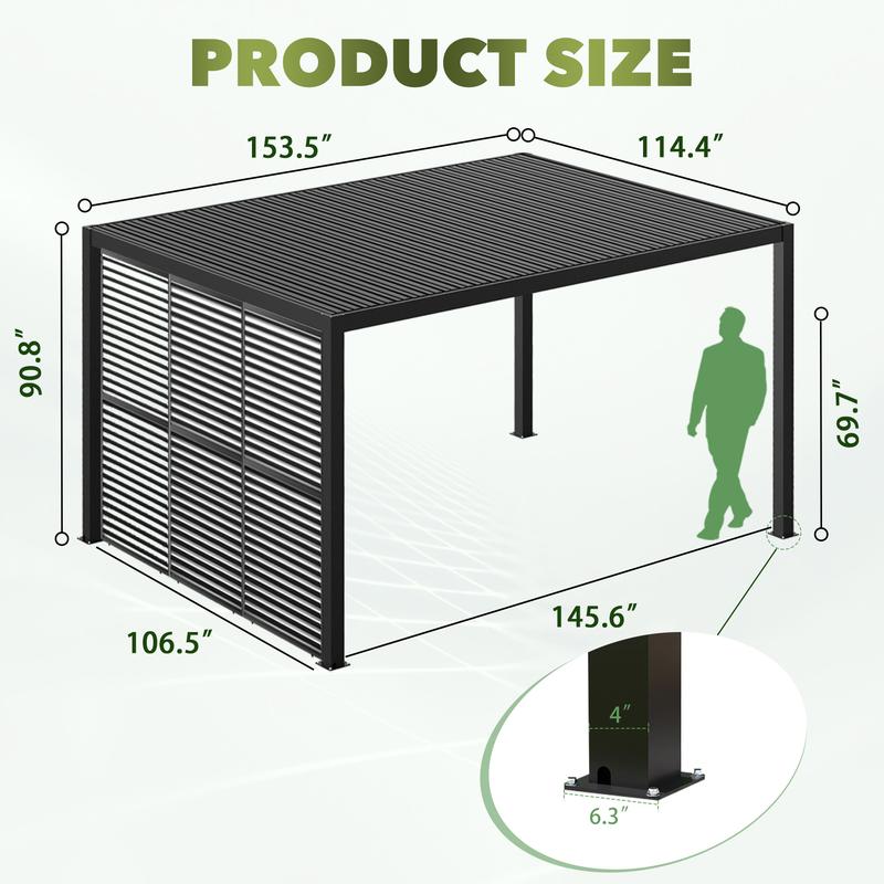 13' x 10' Aluminum Pergola with Adjustable Louvered Roof & Rainproof Drainage System Dark Grey Durable Wind-Resistant for Patio Deck & Garden Includes Waterproof Curtains & Nets